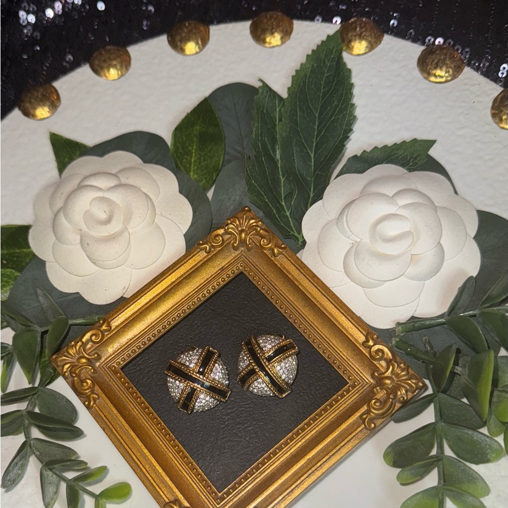 Elegant Gold-tone Clip on Earrings With Black Enamel X And Crystals - Picture 14 of 16